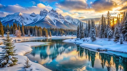 Fototapeta premium Majestic Banff National Park Winter Snowscape: Canadian Rockies Mountain Scenery