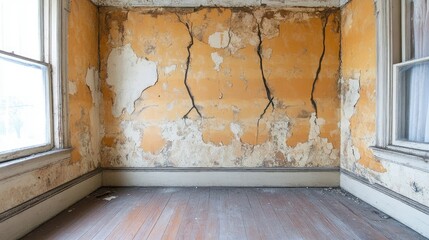A room with cracked walls and a weathered, worn look, conveying a sense of abandonment and neglect, ideal for atmospheric and decay-themed stock photography