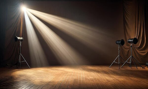 Atmospheric glow of studio lights on a dark background. Spotlights in a photo studio, beams illuminate a dark room.