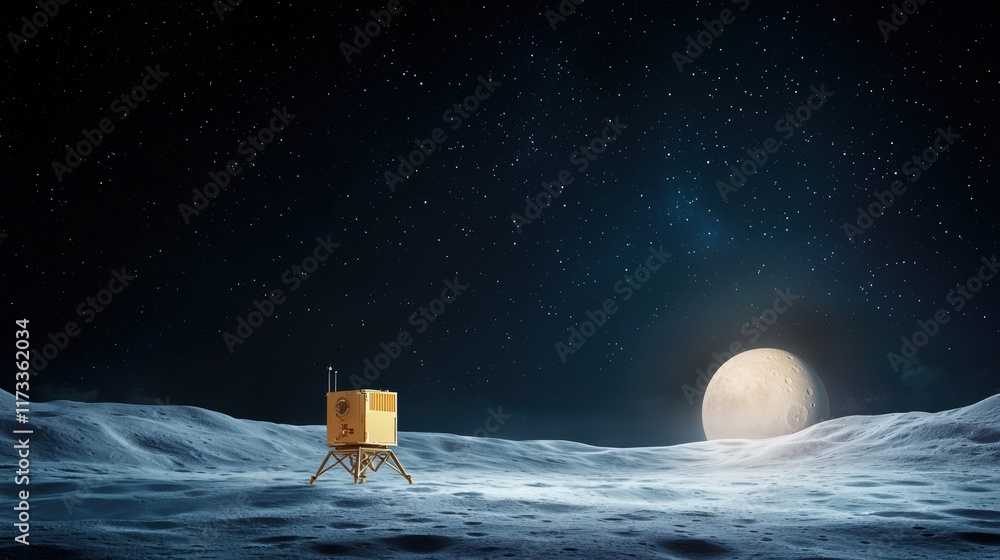Poster an artist's rendition of a spacecraft exploring a distant moon with craters, canyons, and a thin atm