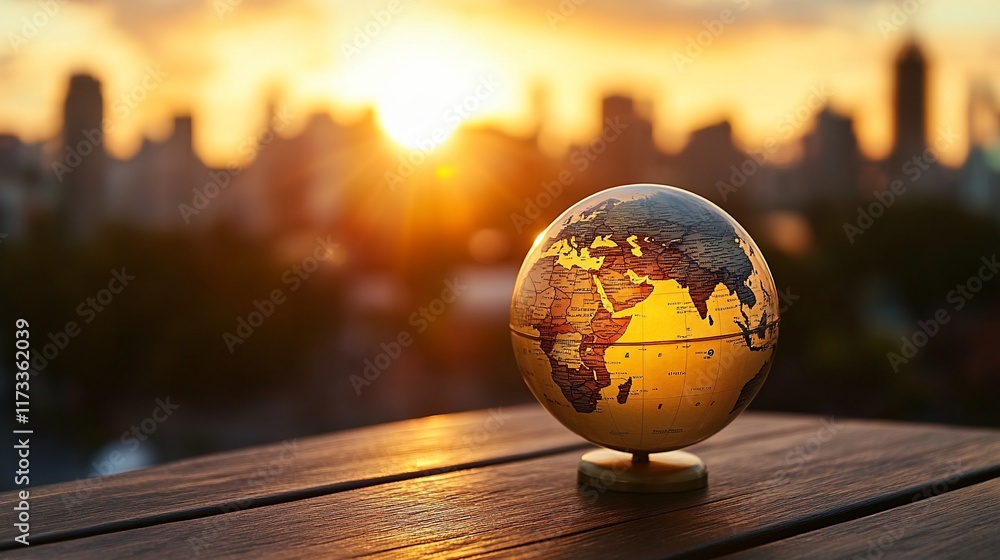 Poster a small globe sits on a wooden table at sunset with a cityscape in the background.