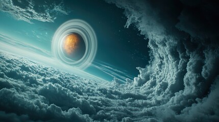 A dramatic image of a massive gas giant planet with swirling storm clouds and a prominent ring system, showcasing the awe-inspiring scale and beauty of our solar system.