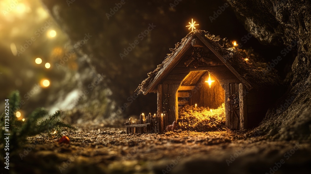 Poster A rustic manger in a dim cave, illuminated by gentle holy light, with soft bokeh effects adding to the spiritual and serene Christmas atmosphere