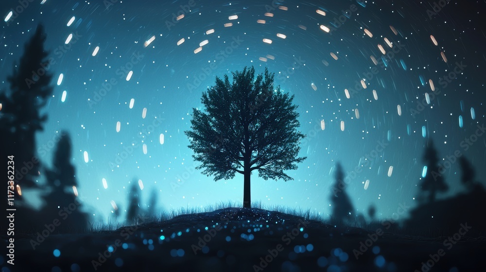 Poster a time-lapse image capturing the movement of stars across the night sky, creating stunning star trai