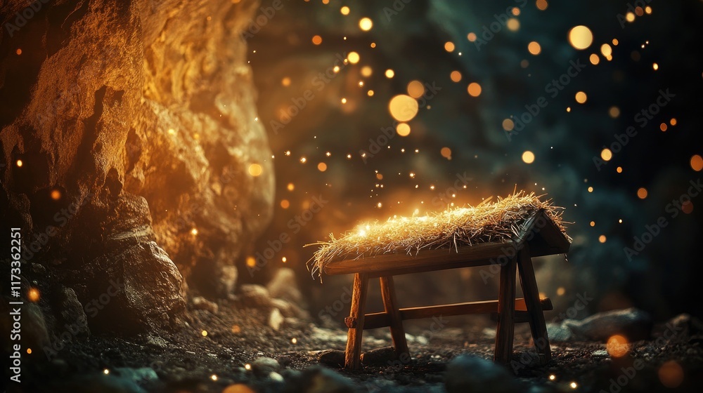 Poster A rustic manger in a dim cave, illuminated by gentle holy light, with soft bokeh effects adding to the spiritual and serene Christmas atmosphere