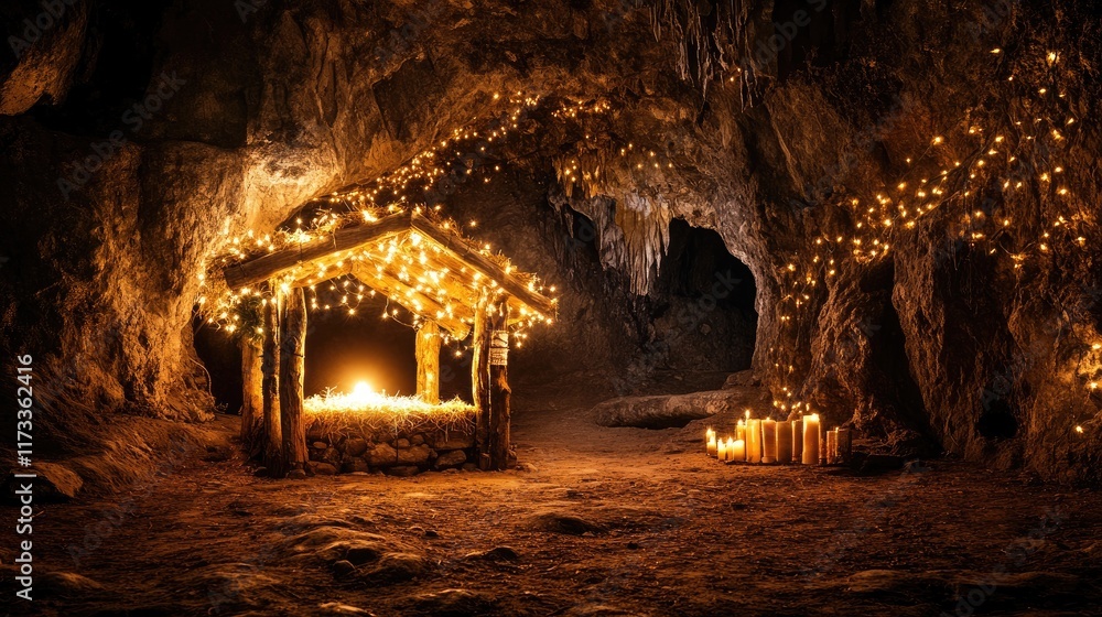 Poster a rustic manger inside a dimly lit cave, with holy light illuminating the scene, soft bokeh creating