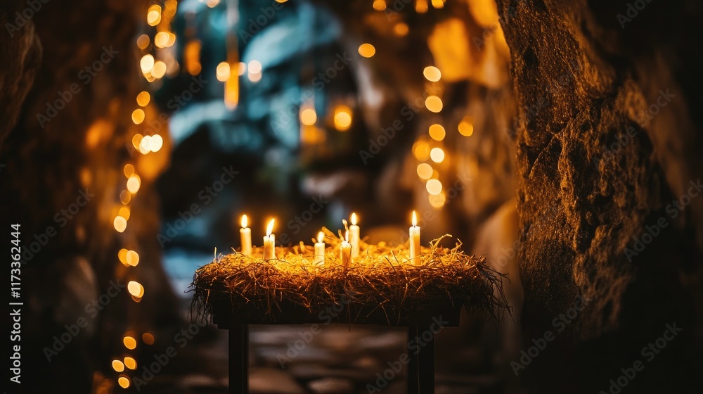 Aufkleber a rustic manger inside a dimly lit cave, with holy light illuminating the scene, soft bokeh creating