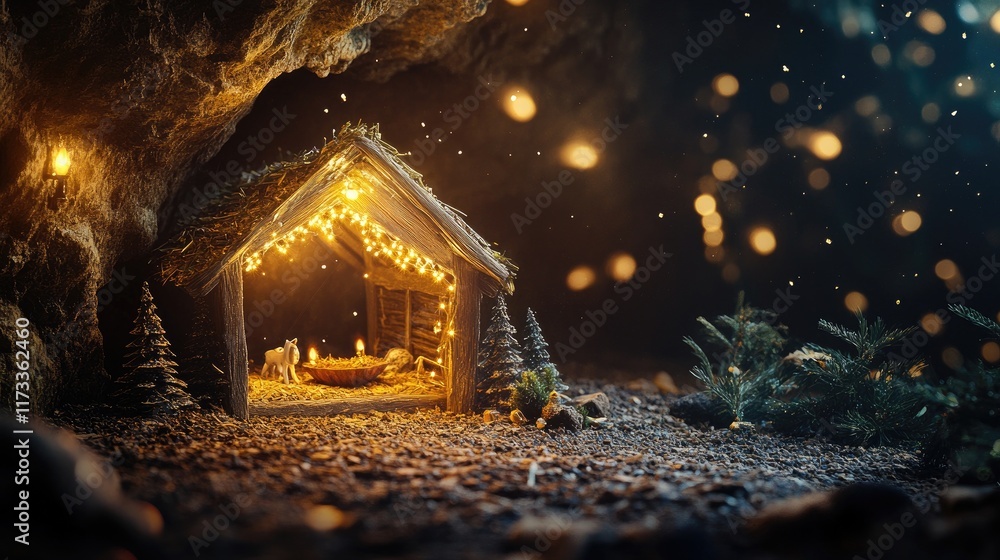 Poster A rustic manger inside a dimly lit cave, with holy light illuminating the scene, soft bokeh creating a serene and spiritual Christmas ambiance
