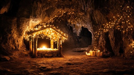 Fototapeta premium A rustic manger inside a dimly lit cave, with holy light illuminating the scene, soft bokeh creating a serene and spiritual Christmas ambiance