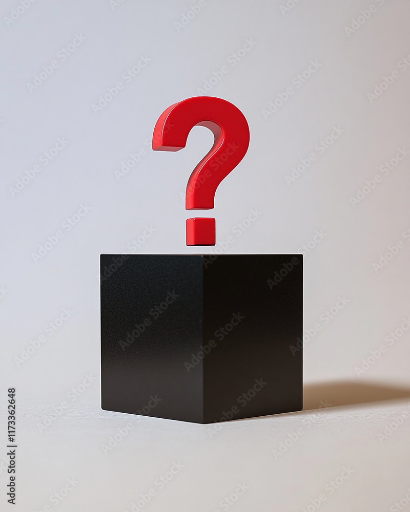 Poster red large question mark on black cube pedestal with soft neutral background