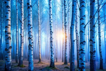 Majestic Birch Trees in a Mystical Blue Forest - High-Resolution Stock Photo