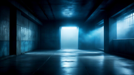 Dark atmospheric room, misty blue background, ethereal light beams, concrete floor, moody ambiance, cinematic lighting, mysterious fog, urban decay, dramatic shadows, empty space, haunting atmosphere