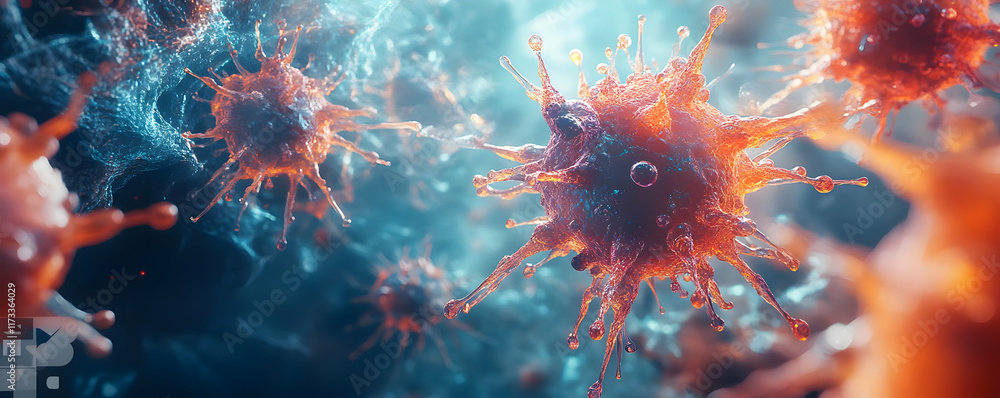 Poster a close-up view of colorful virus-like particles in a microscopic environment, illustrating their st