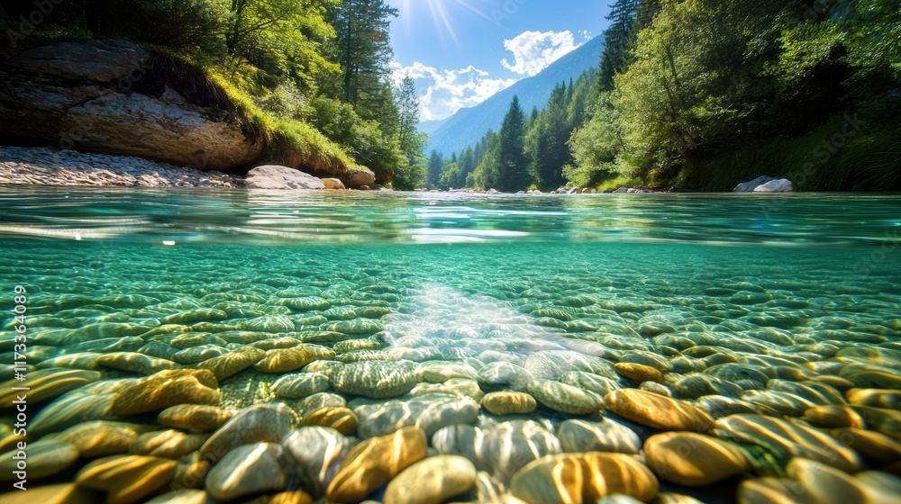 Poster crystal clear turquoise water flowing over smooth, sun-kissed rocks in a shallow stream, creating me