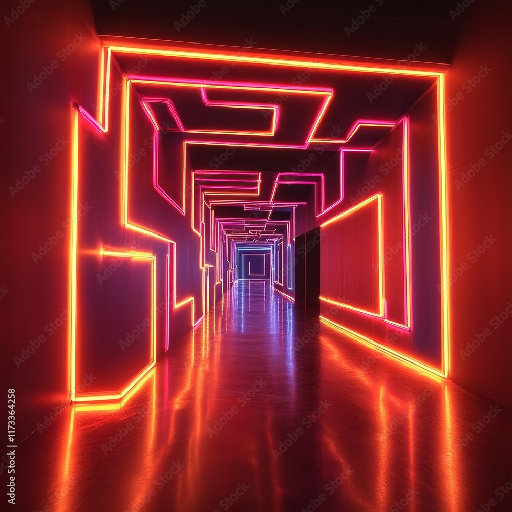 Poster experience a vibrant abstract maze filled with colorful neon lights, transforming an ordinary room i