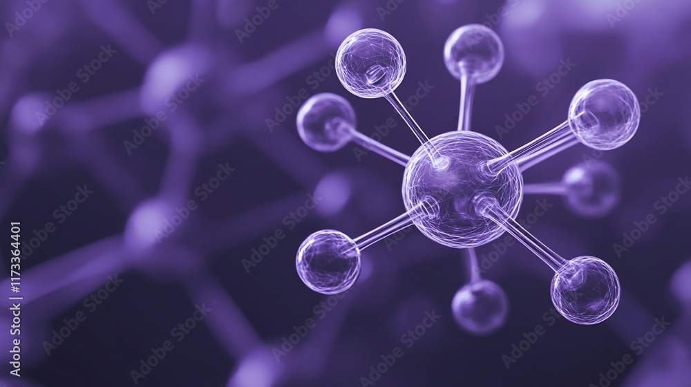 Aufkleber Microscopic 3D rendering of a molecule with atoms connected by bonds, set against a blurred background of similar structures.