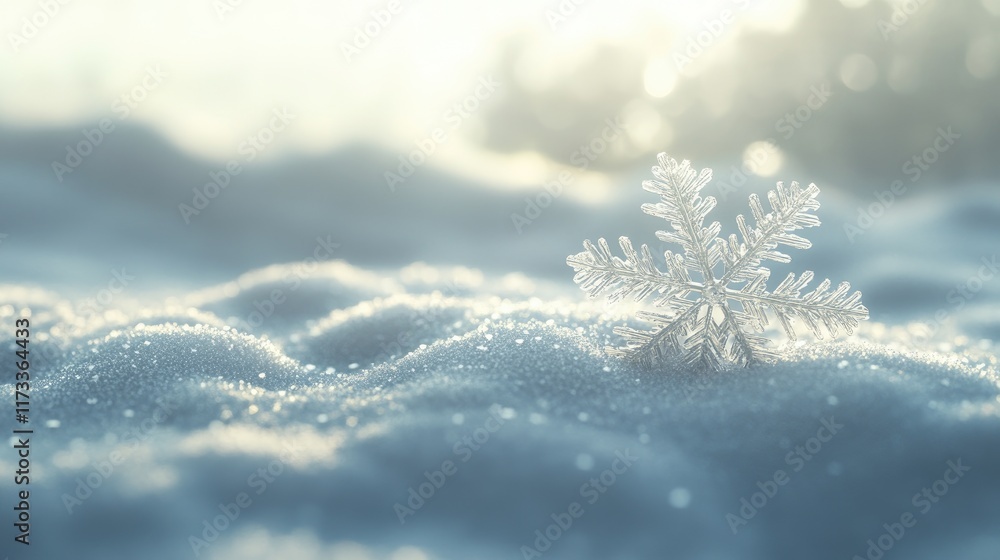 Poster a shimmering snowflake delicately placed on snow, with a soft-focus winter background, creating a se