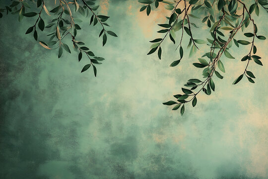 Tree leaves on a grunge texture background, wallpaper for interiors. Vintage green wallpaper for classical design interior design or oriental design