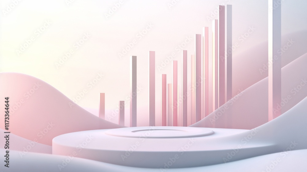 Aufkleber abstract pastel pink and white 3d render of a minimalist podium with rising bars in the background.