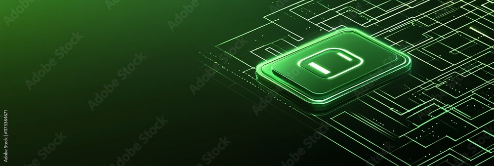 Poster glowing green digital button on circuit board background.