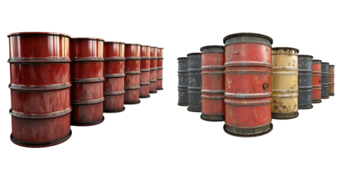 Rows of Red  Rusty  Black  and Beige Industrial Metal Oil Barrels  Drums  Containers