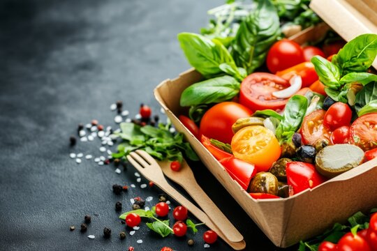 A takeaway meal packed in kraft paper containers, featuring fresh food and eco-friendly utensils