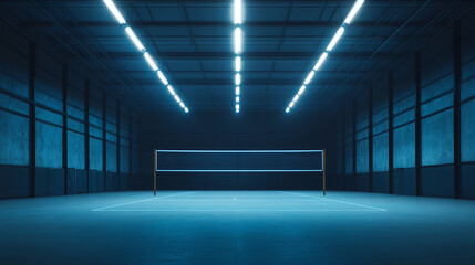 Volleyball court in a dimly lit gym with illuminated net and floor markings