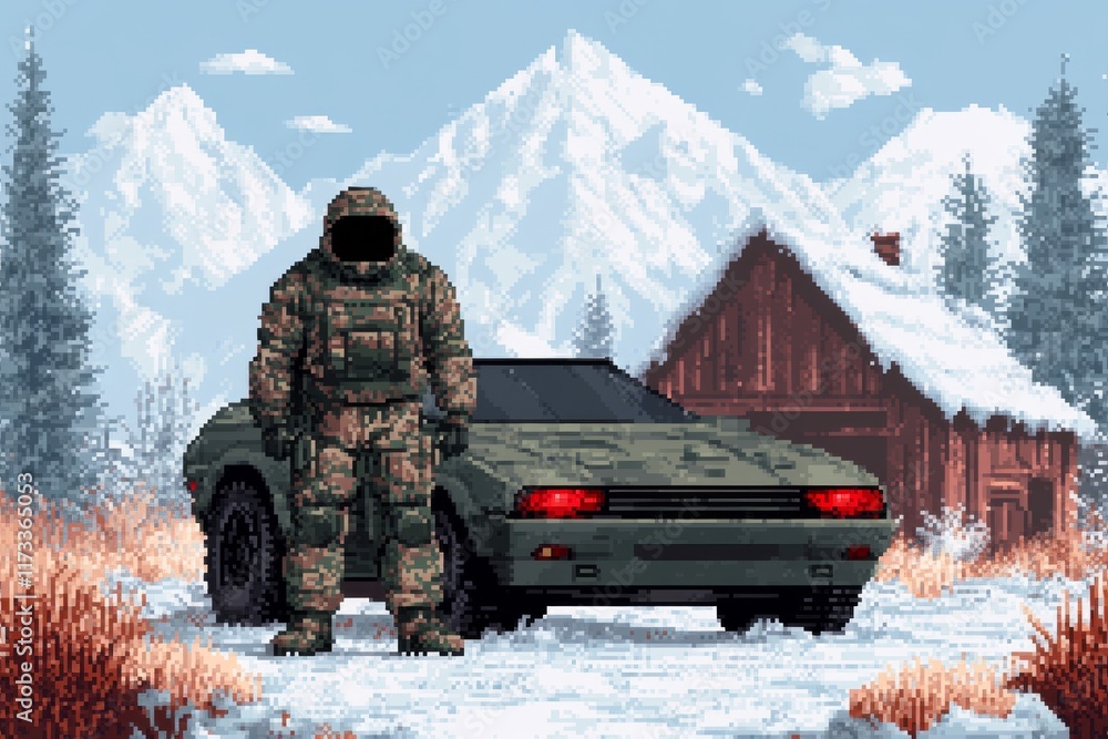 Poster A pixel art animation of khaki camo patterns shifting dynamically on a character outfit in a retro game setting