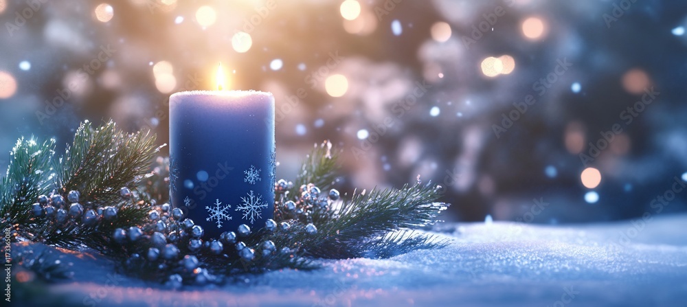 Poster blue candle with snowflake design, surrounded by winter greenery, sits on snowy ground with bokeh ba