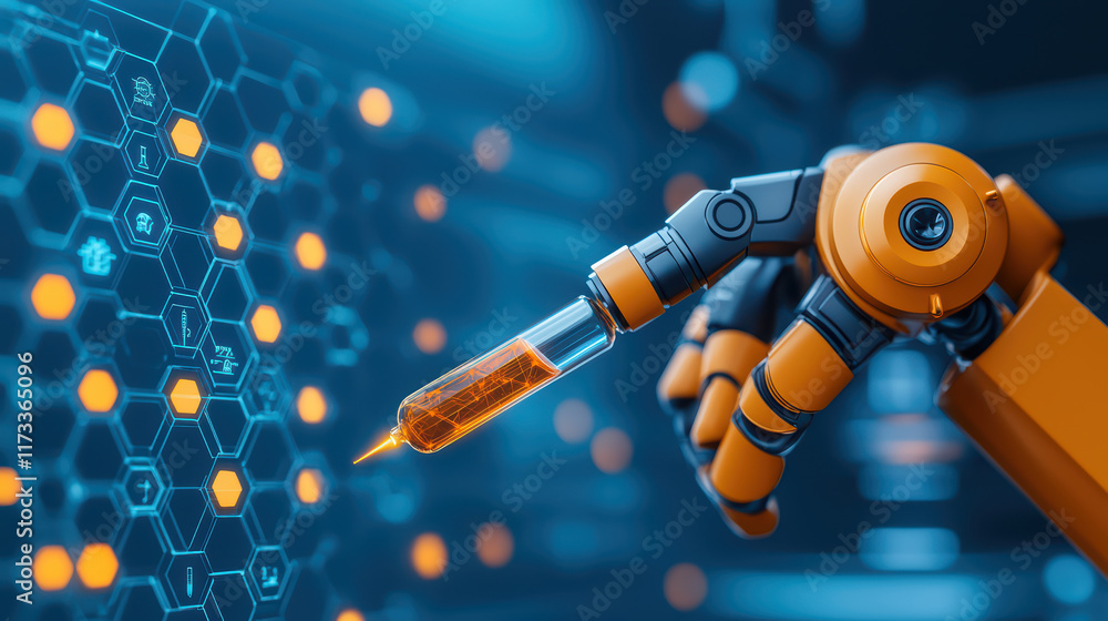 Poster futuristic robotic hand interacting with digital interface and technology