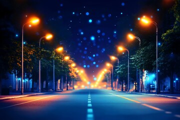 A serene city street at night, featuring glowing streetlights and a tranquil atmosphere. Ideal for urban scene projects and nighttime visuals.