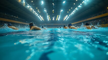 Swimmers compete in indoor pool.