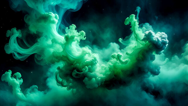 Ethereal green smoke, swirling mist, abstract nebula, cosmic clouds, deep teal background, atmospheric haze, mysterious abyss, dreamlike vapor, underwater atmosphere, surreal fog, wispy tendrils
