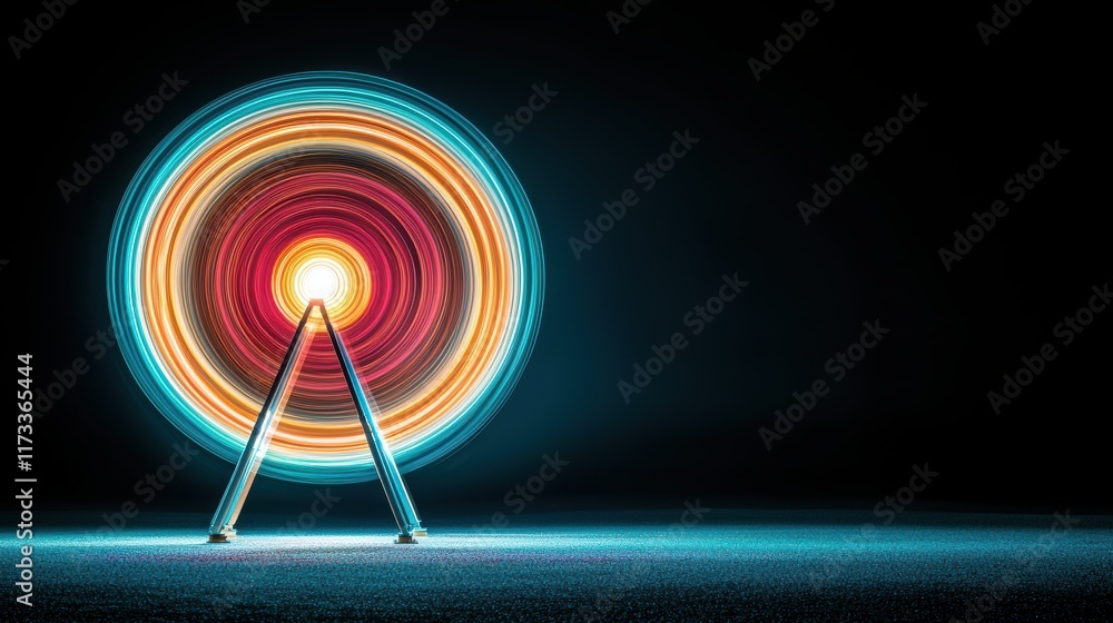Poster a ferris wheel illuminated at night, its lights blurring into circles of color as it rotates, creati