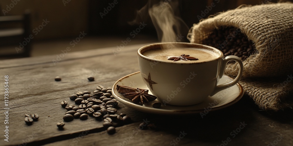 Poster steaming cup of coffee with spices on rustic wooden table.