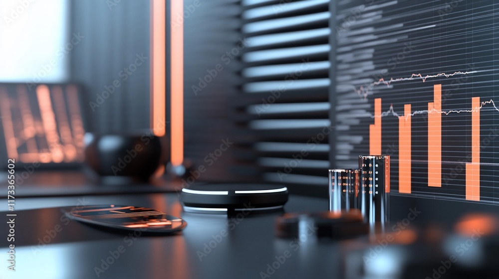 Aufkleber Futuristic office desk with glowing stock market data displayed on a monitor.