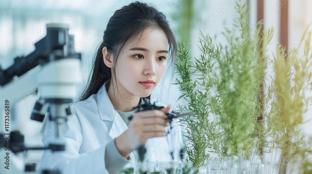 Poster a female scientist examines plants in a lab using tweezers and a microscope.