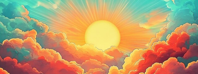 Vibrant sunset, colorful clouds, pink and purple sky, golden sun, radiant light beams, dramatic cloudscape, fantasy landscape, digital art, vivid colors, dreamlike atmosphere, surreal sky, ethereal gl