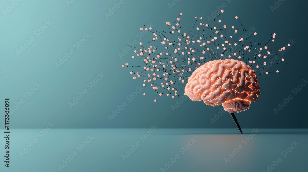 Poster conceptual illustration of a human brain connected to a network of data streams, representing artifi