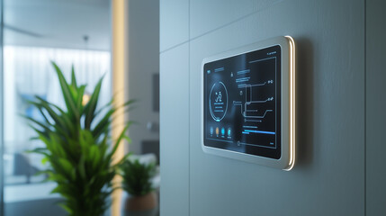 A central smart hub displayed on a sleek wall panel, controlling lighting, temperature, and security