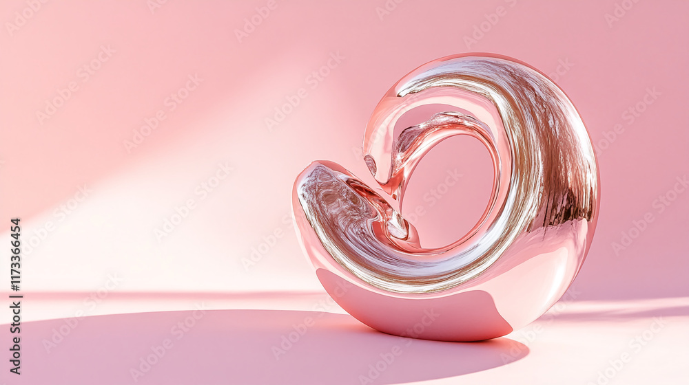 Poster rose gold abstract sculpture on a soft pink background with reflective metallic surface