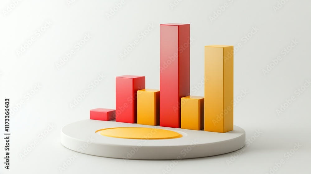 Poster 3d bar graph showing growth and decline, red and yellow bars on white platform.