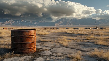 A stark and bleak scene of rusted barrels on dry ground, set against distant mountains and ominous skies, emphasizing the consequences of pollution and neglect