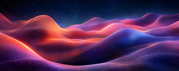 A vibrant, abstract landscape with undulating hills in shades of purple, orange, and blue, evoking a dreamlike atmosphere.