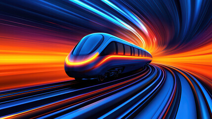 Futuristic train speeding through vibrant, colorful tunnel of light