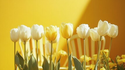 Obraz premium A stunning arrangement of yellow and white tulips in full bloom, set against a bright sunny yellow backdrop, symbolizing warmth and renewal