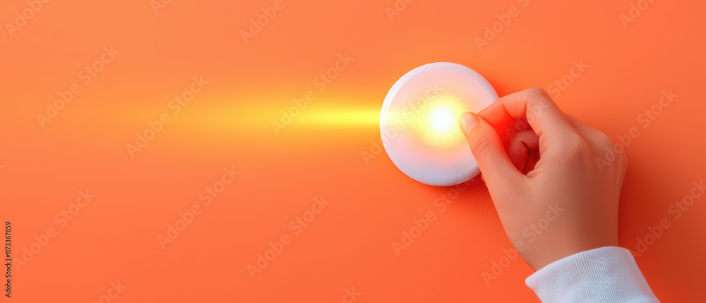 Poster hand pressing light button on orange background, creating glow