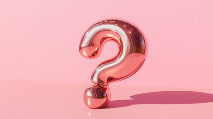 Obraz premium Rose gold large question mark sculpture on soft pink background with natural light and shadows