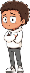 cartoon illustration of boy with curly hair, looking concerned and standing with crossed arms
