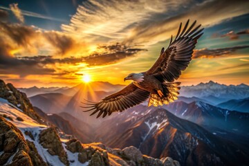 Naklejka premium Majestic Eagle Soaring High Above Dramatic Mountain Landscape - Drone Photography